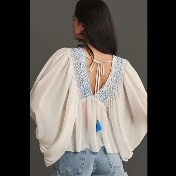 By Anthropologie Sheer Smocked Babydoll Top - Picture 2 of 4